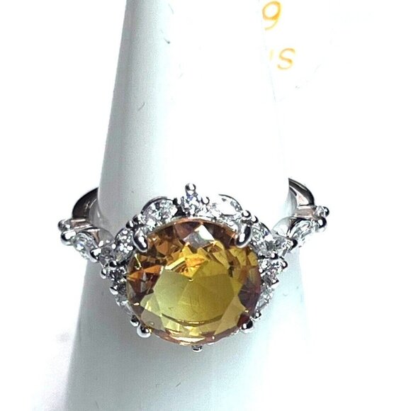 Ring Bomb Party Ring size 6 yellow round stone silver color band CZ like accents - Picture 1 of 11